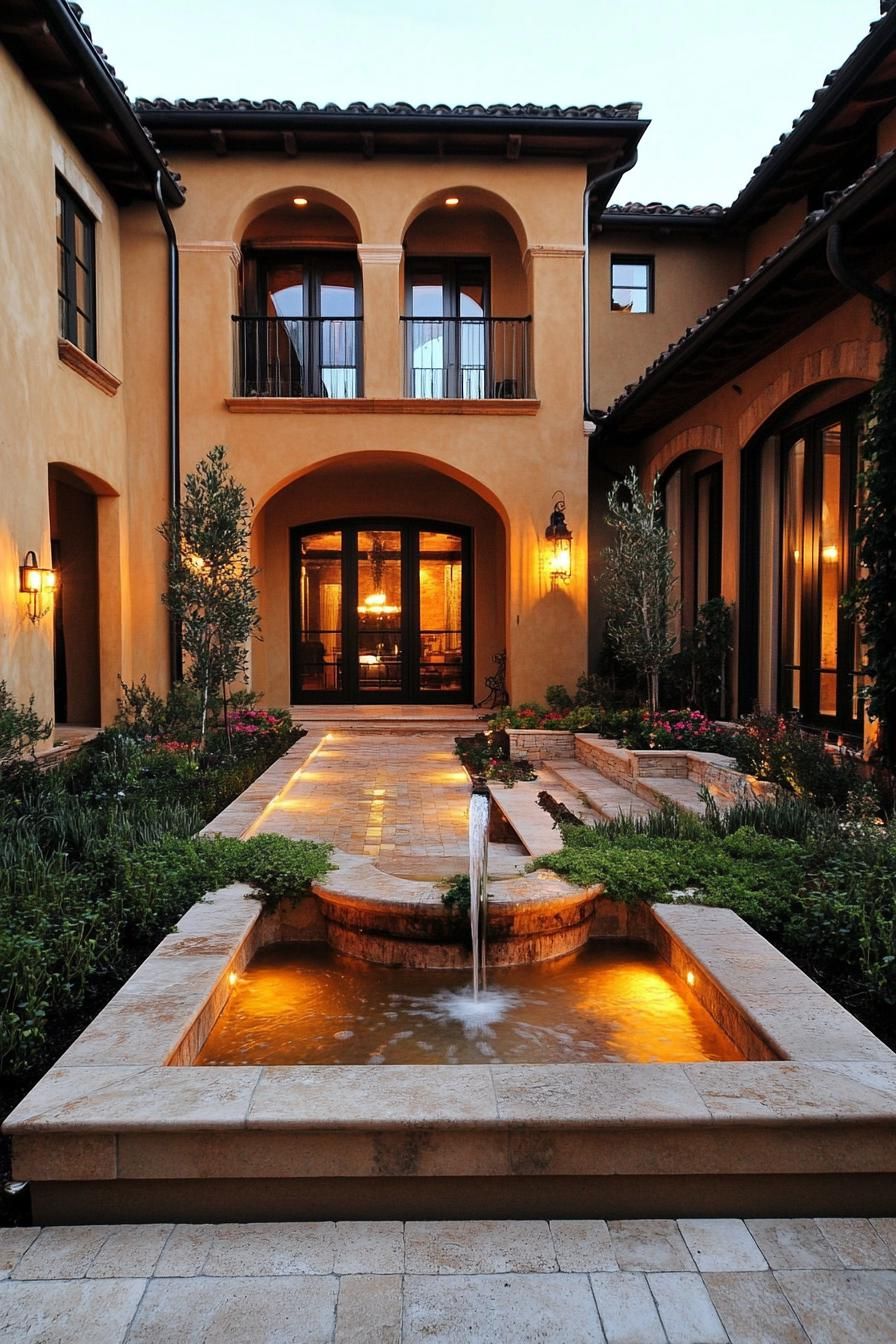 modern Tuscan mediterranean house modern inner courtyard garden with ventral fountain