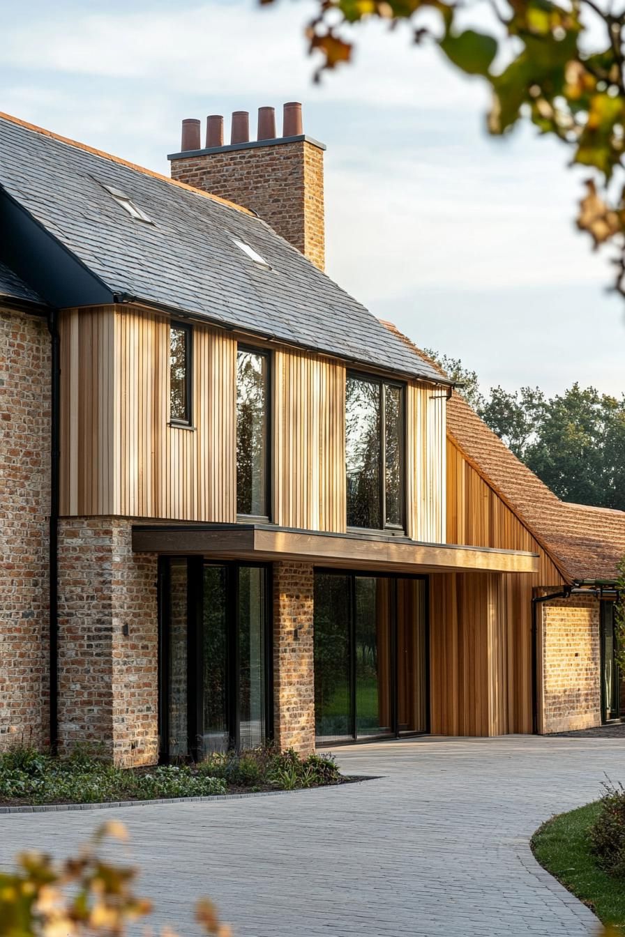 modern house with natural cedar shiplap exterior and brick foundation English countryside landscape 2