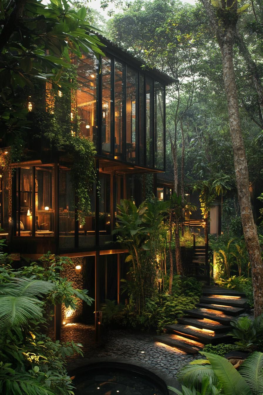 luxury reehouse villa in Bali tropical forest with elevated pathways between buildings