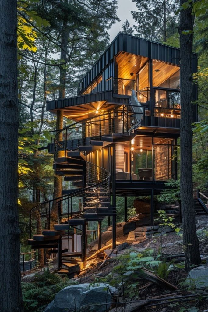 modern cabin spiral stairs