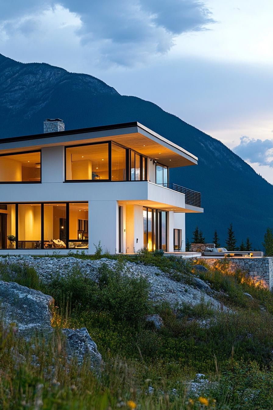 modern white conterete mountain house with panoramic windows Canadian mountains in the background 3