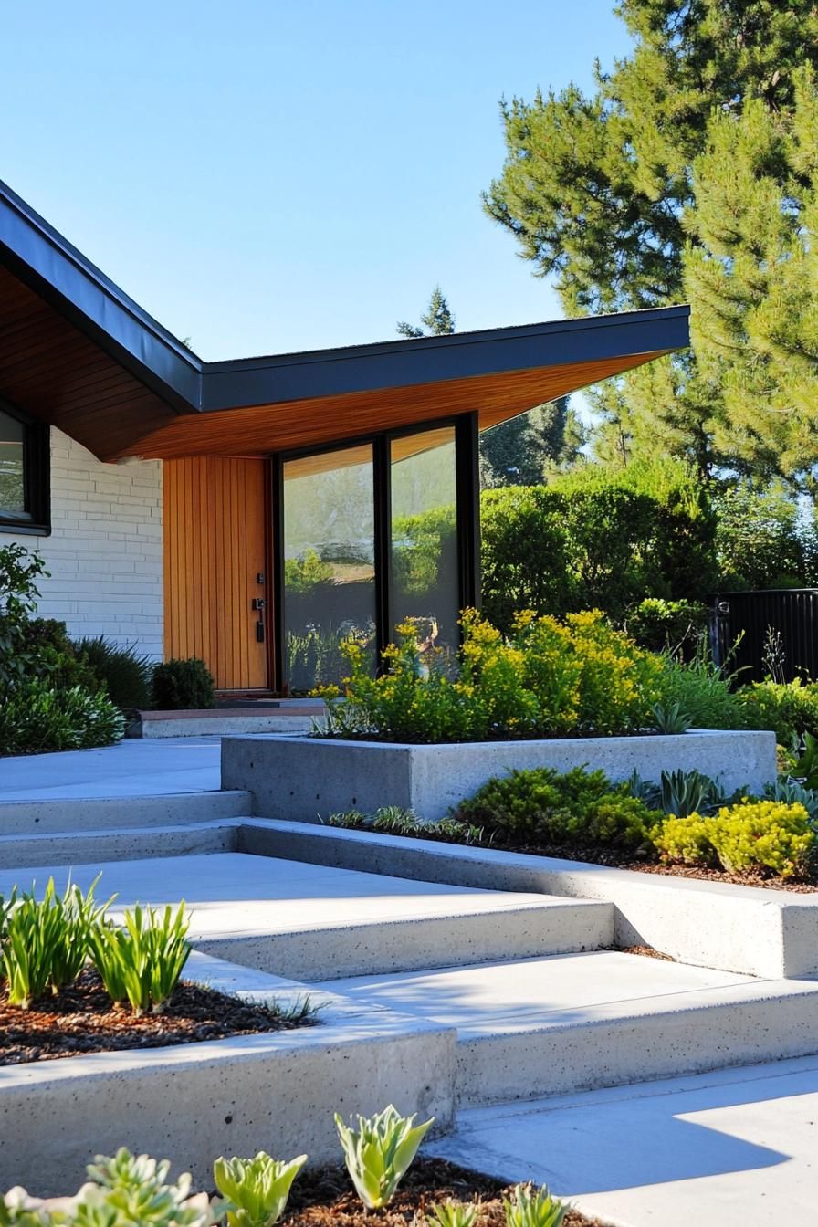 70s midcentury house geometric facade front yard with concrete planters 2
