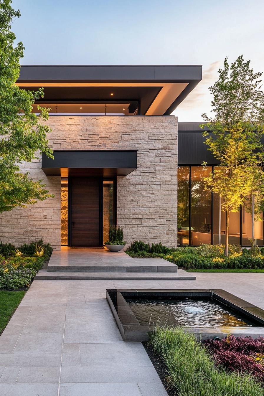 Natural Stone Cladding With Water Feature At Entrance