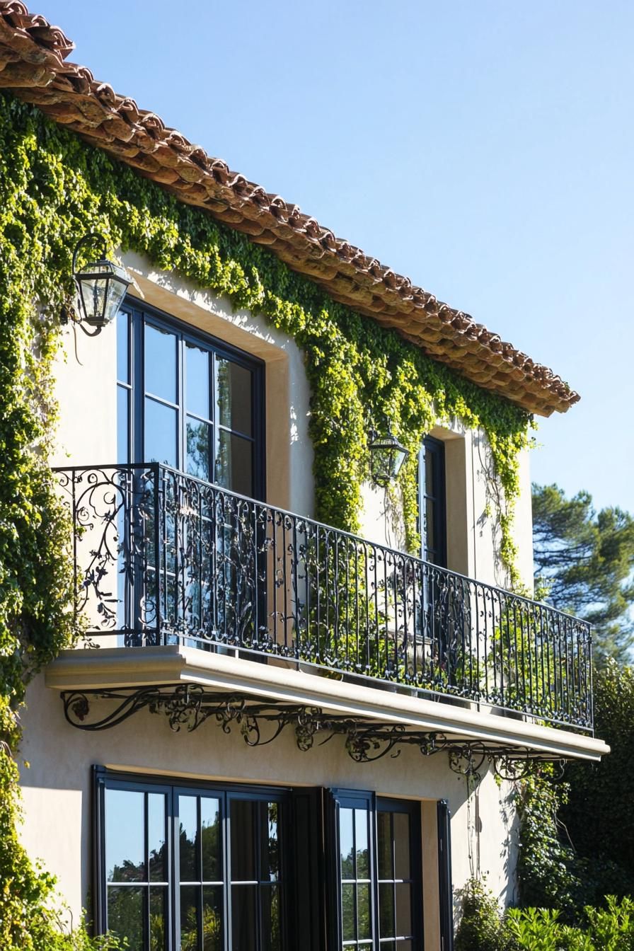 modern French country house facade with ivy covered trellis and iron balconies French riviera views 2