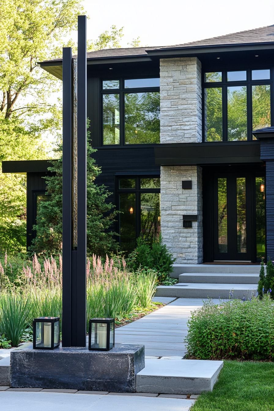 modern black house front yard garden with tall slim art deco sculpture and lanterns 3