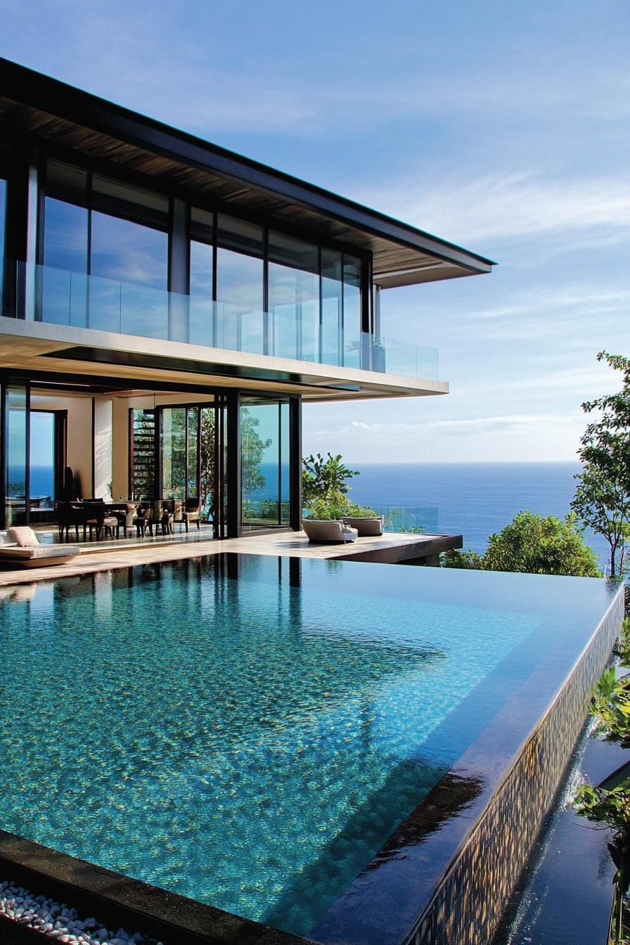 modern villa with all glass walls in stunning tropical oceanside