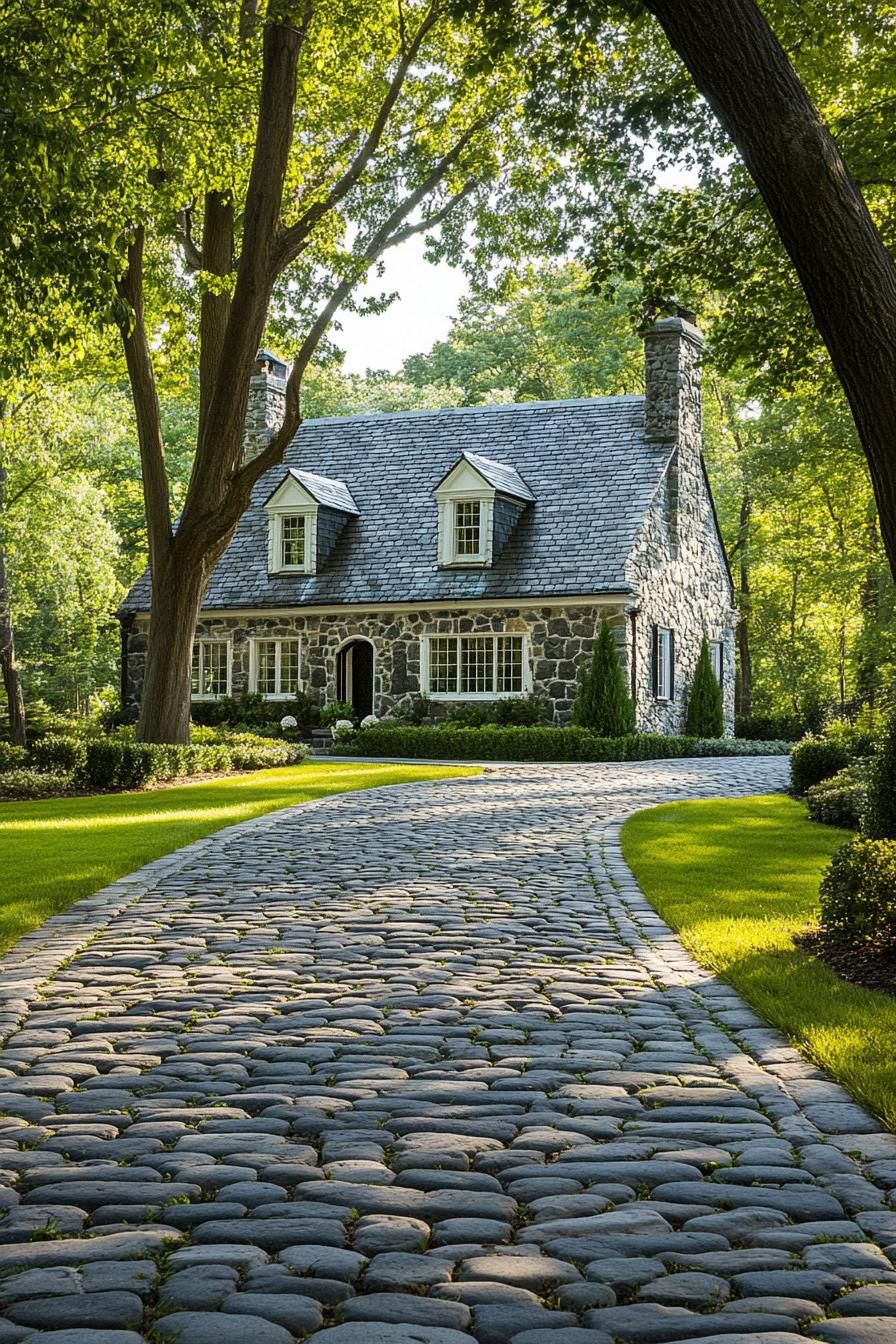 modern English cottage front yard with cobblestone driveway lined with trees 2