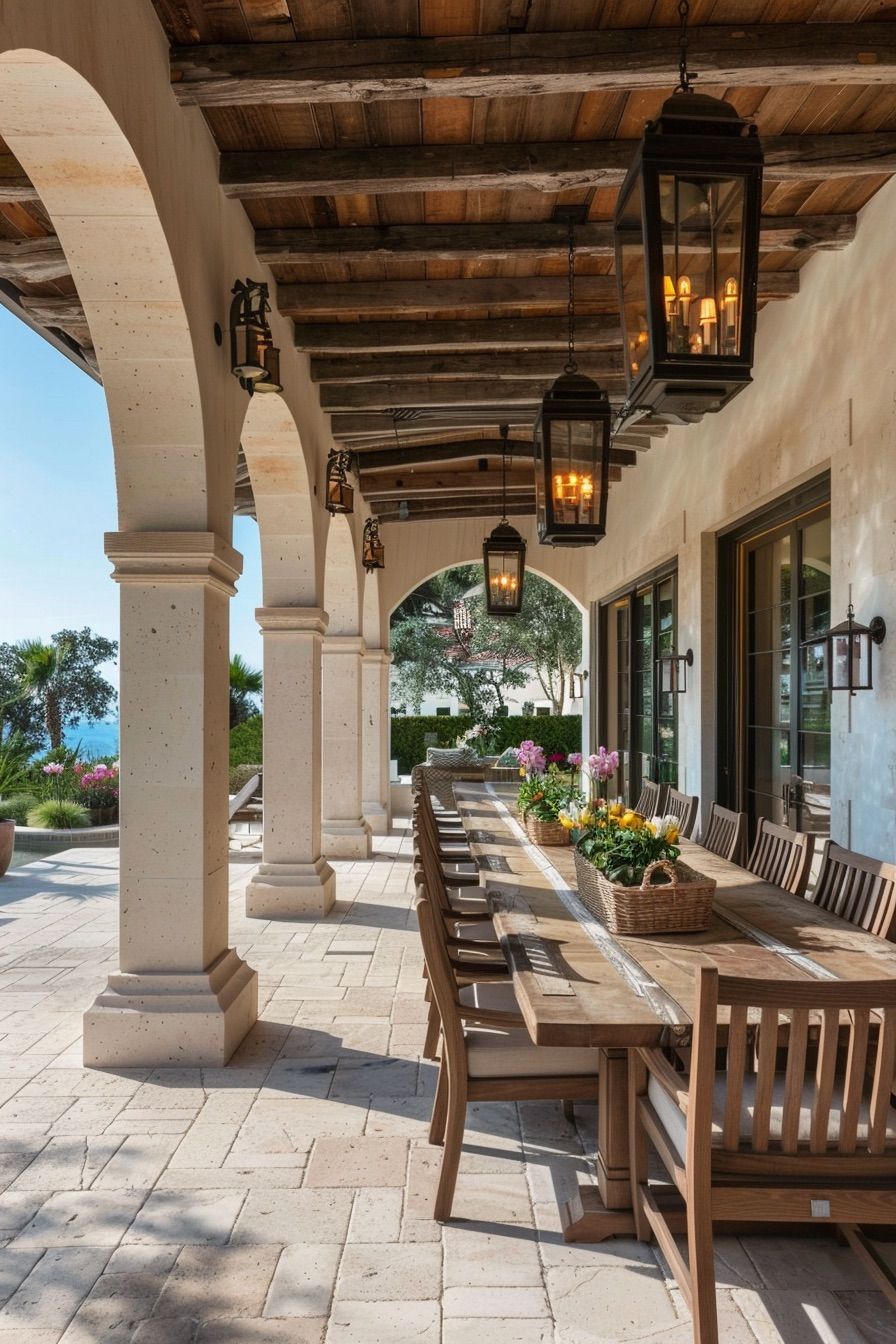 mediterranean house covered outdoor dining area