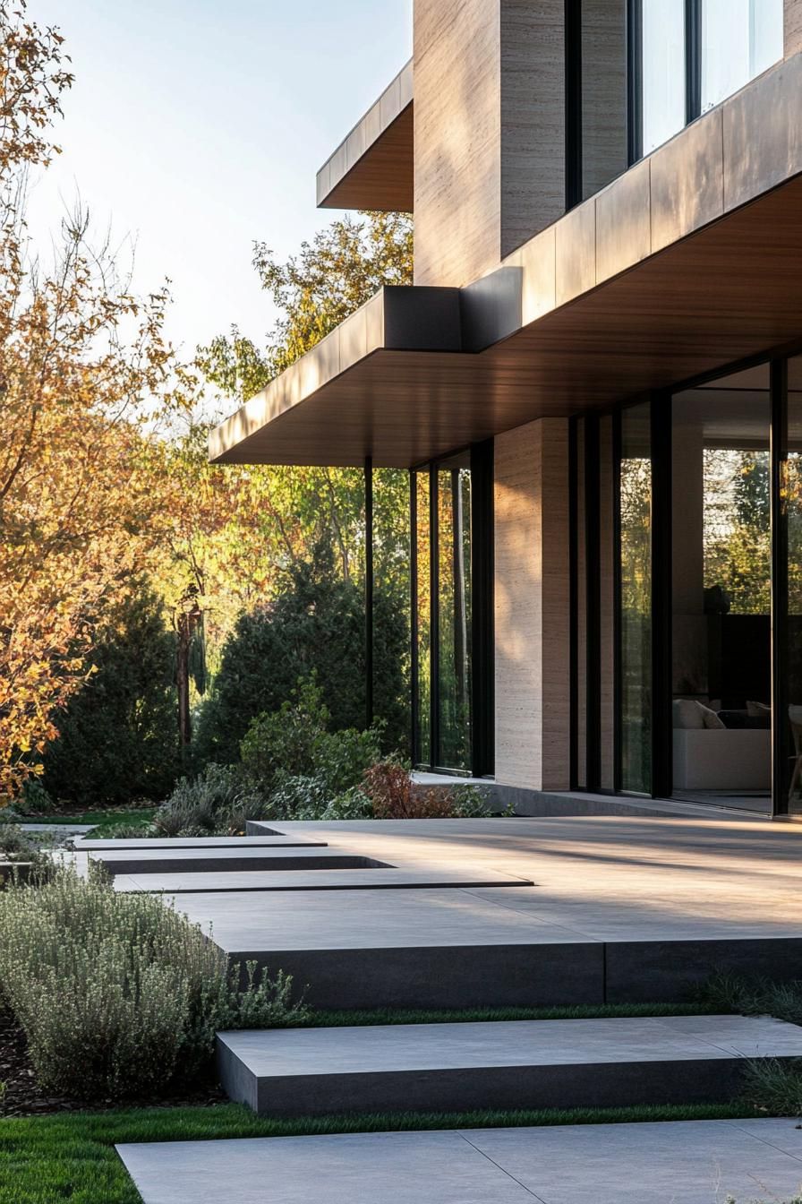 modern French country house facade with timber clads yard with minimalist landscaping