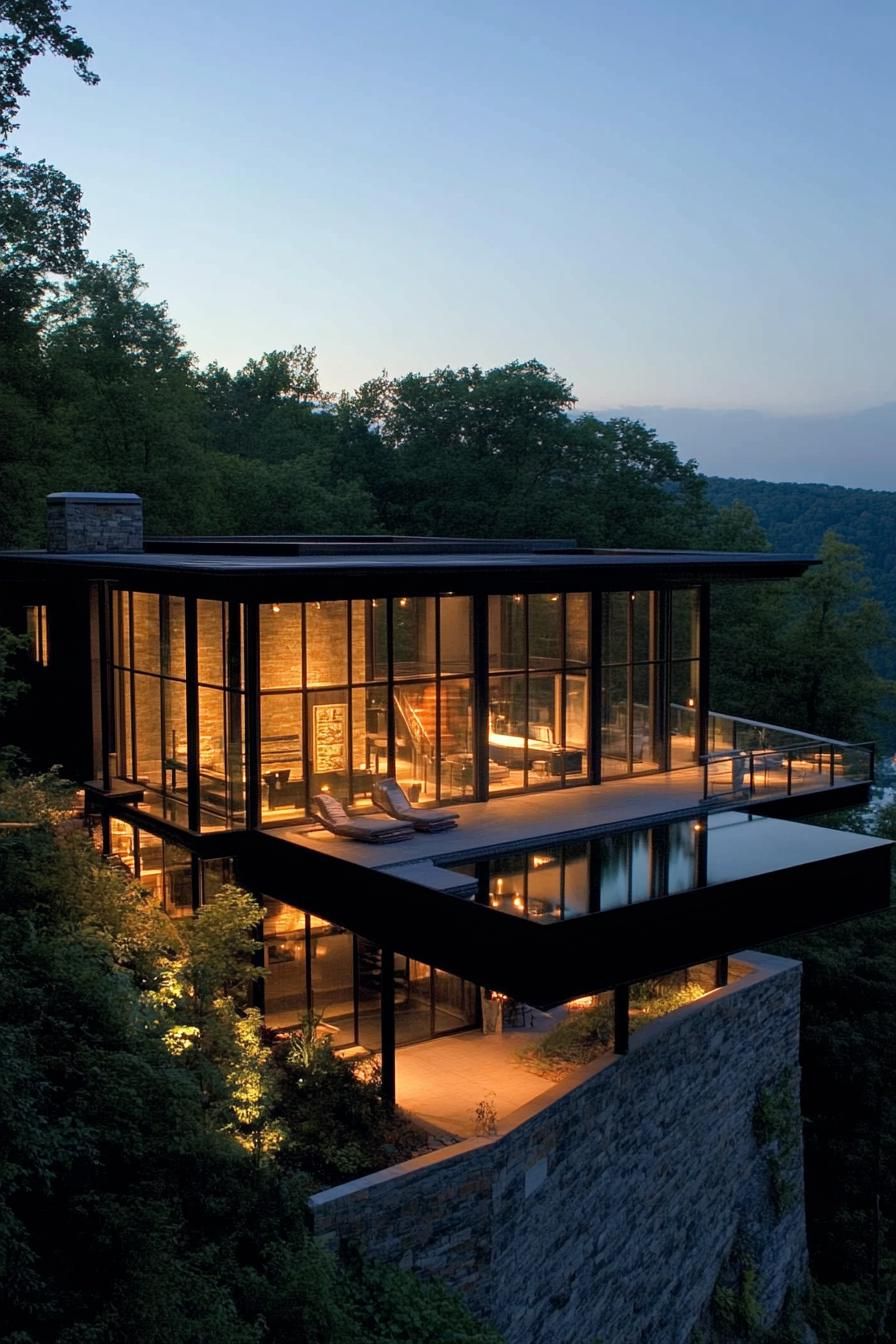 all glassed wall dream house with stunning tree line and valley views