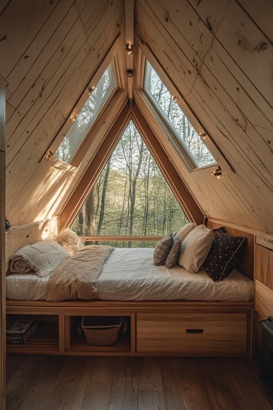 tiny a frame cabin interior with natural hardwood ceiling and floor built in platform bed with built in storage and cozy bedding full wall window 3