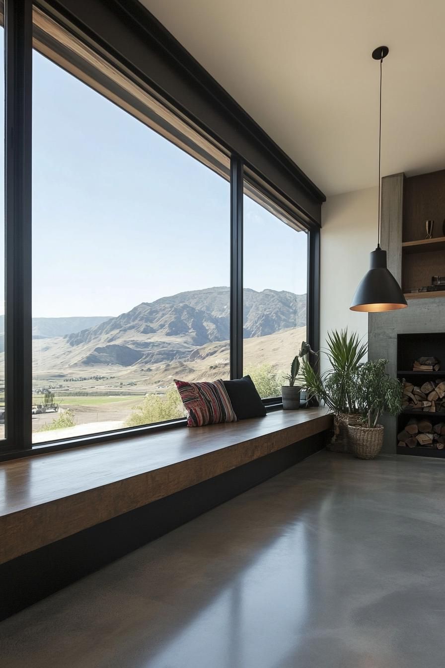 modern industrial style home interior with under window sill storage bench and stunning mountain views 3