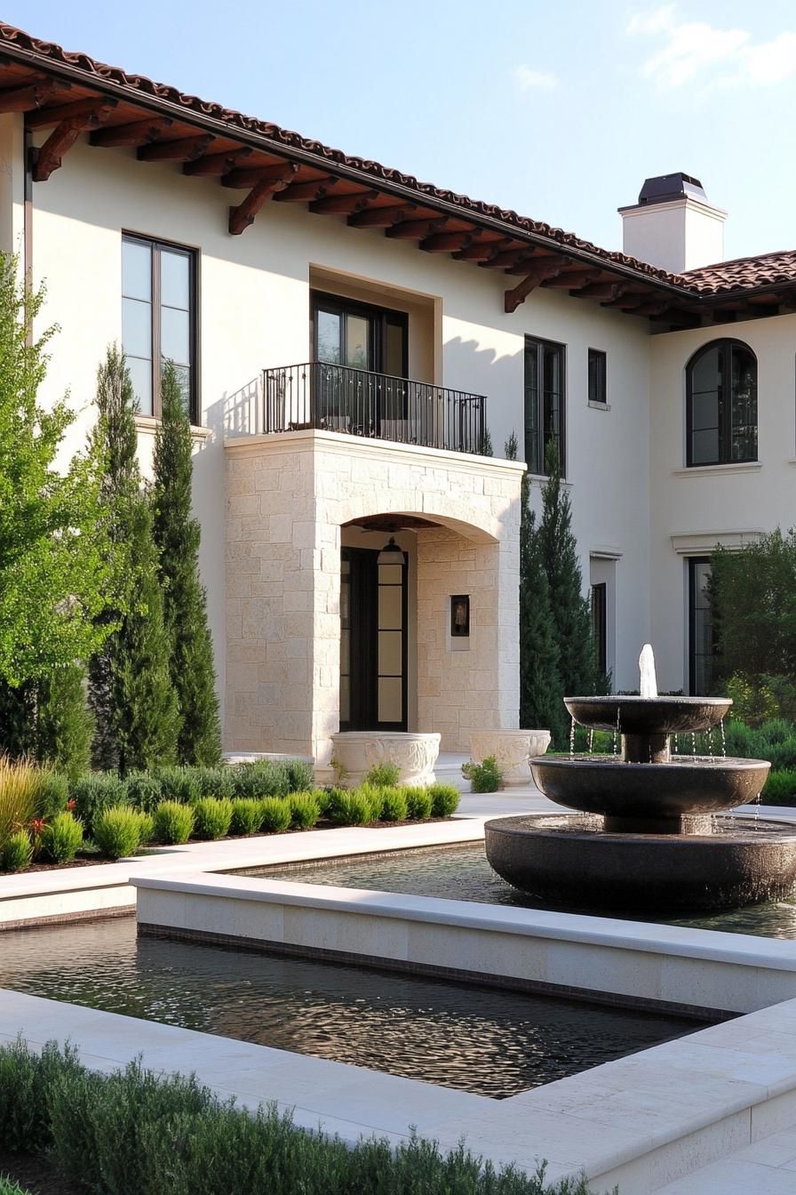 modern French mediterranean house front yard with a fountain 2