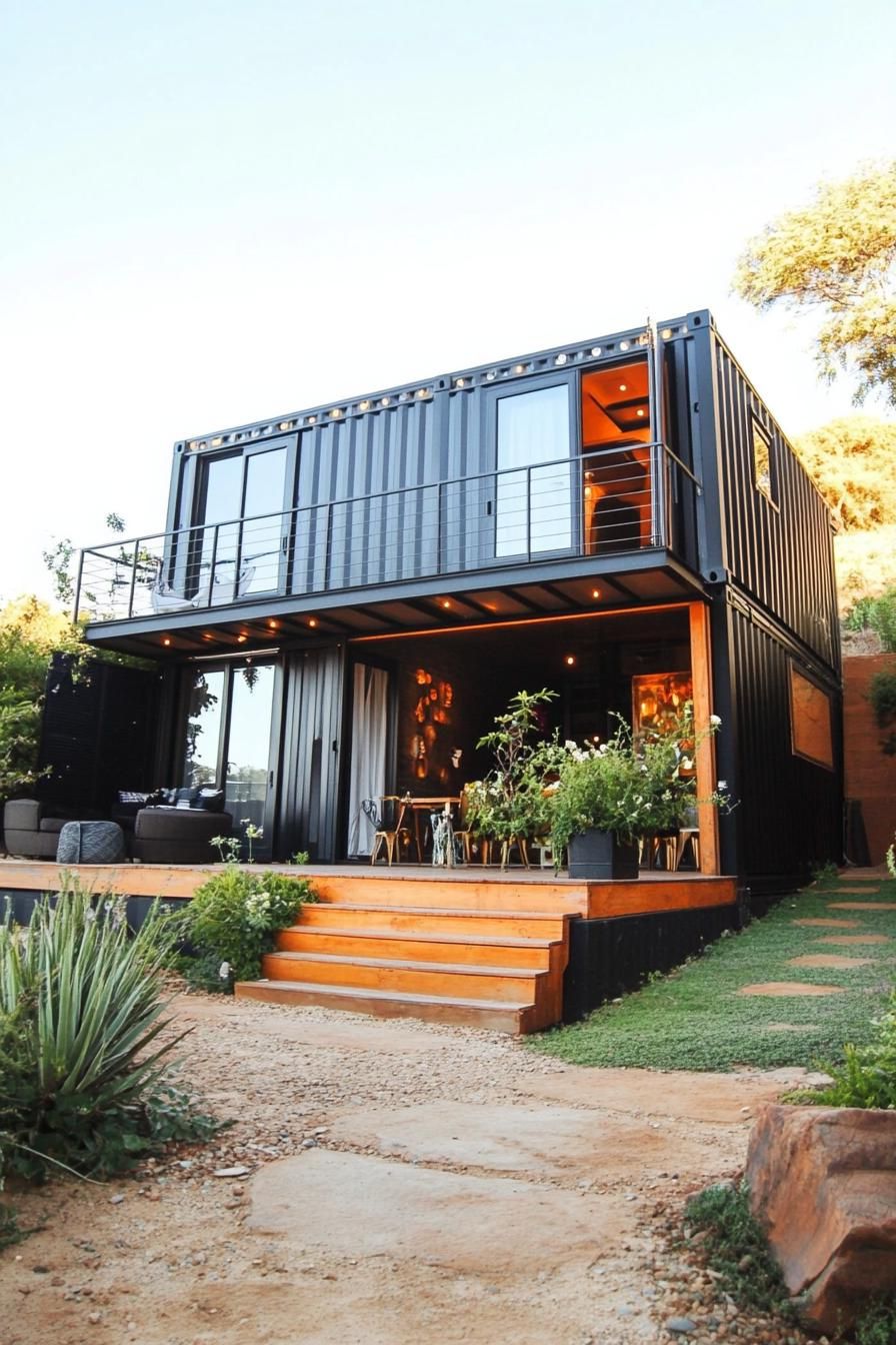 modern terrace shipping container house with metal cladding