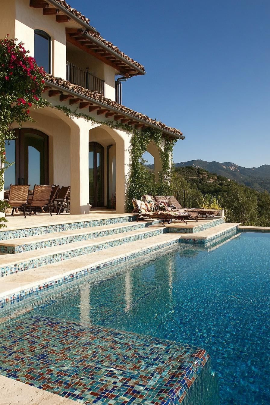 modern Tuscan mediterranean house facade steps with ceramic tile mosaic infinity pool with Italian mountain views 2
