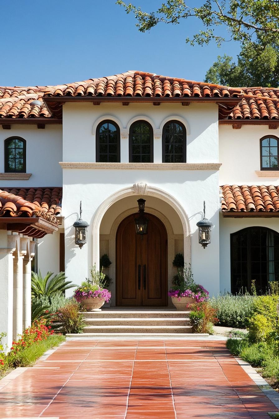 mediterranean revival architecture house facade with red barrel roof tiles with decorative finials 3