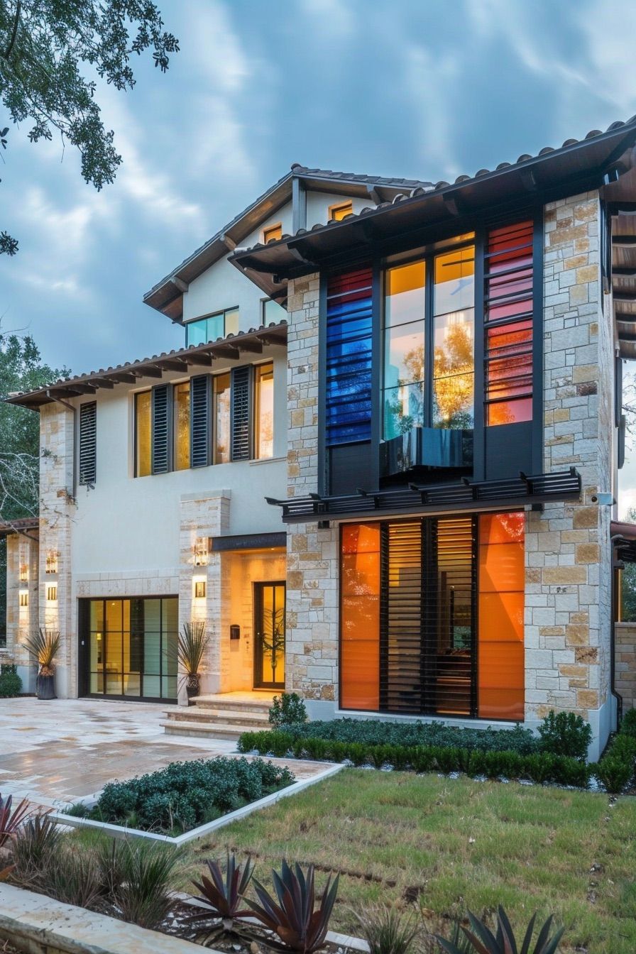 modern mediterranean house with shutters and stained glass