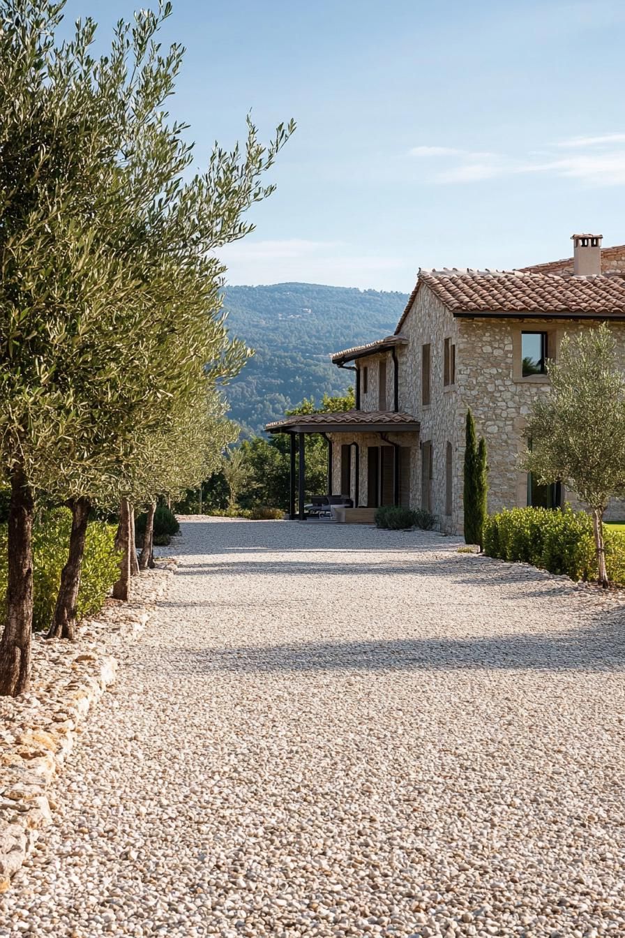 modern Tuscan mediterranean house with gravel driveway lined with olive trees