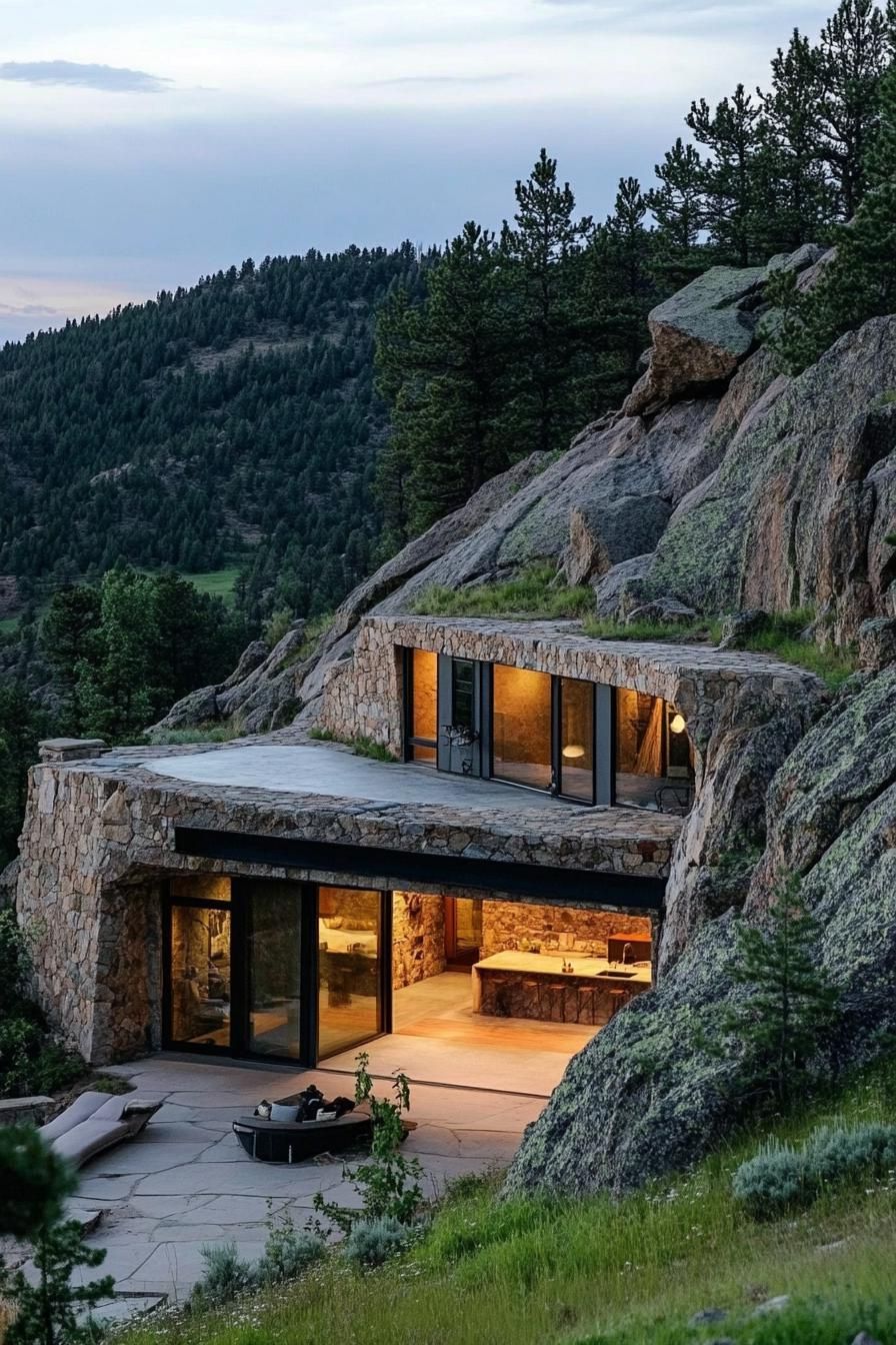 earth sheltered modern house stone facade built into hillside with overlooking stunning rocky mountains 2