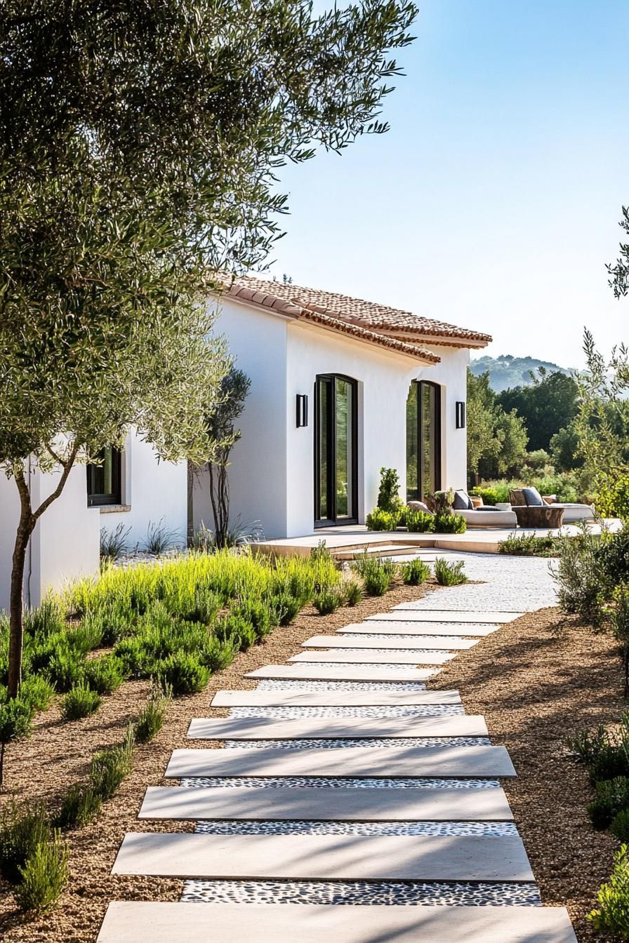 small modern mediterranean house with mosaic tile pathways and olive grove 3