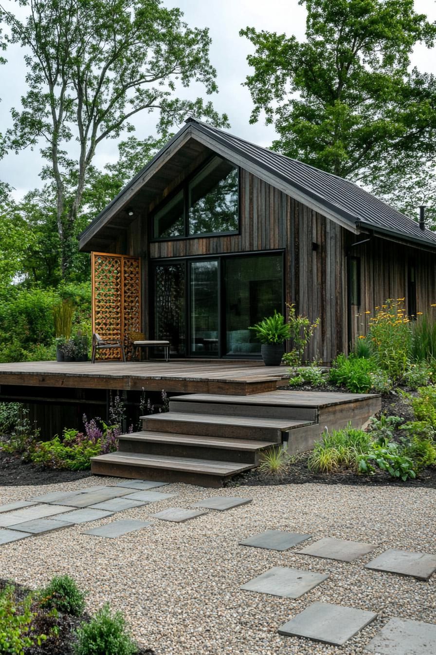 modern prefab small house facade with rustic wood cladding sloped roof extending over a raised deck with steps deck has a lattice on one side up to
