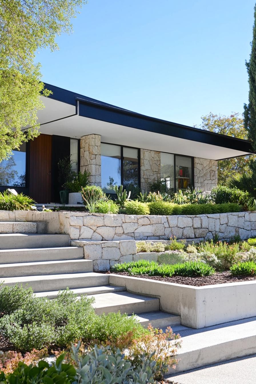 70s midcentury house geometric facade front yard with concrete planters