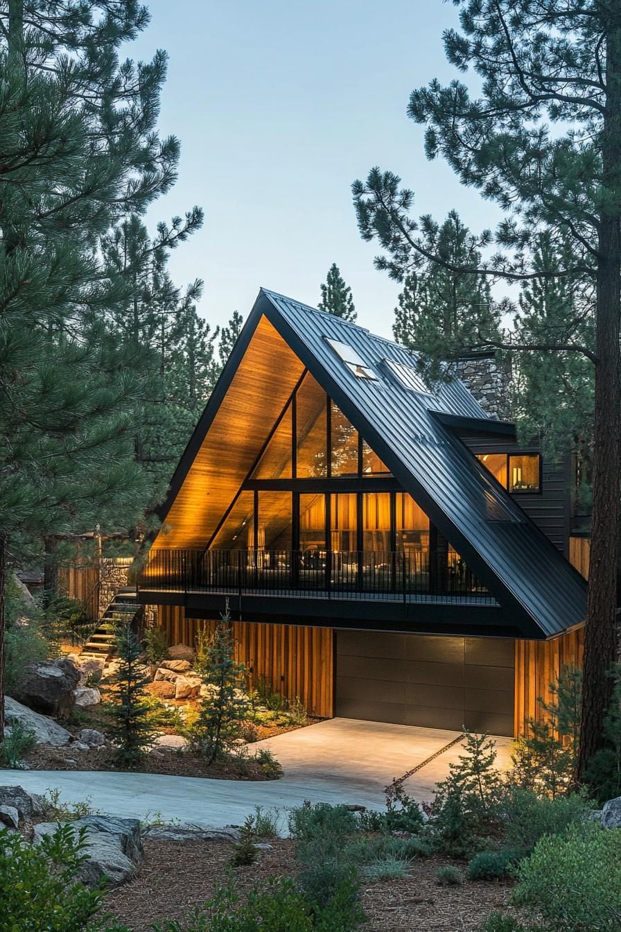 modern mountain woods house with A frame facade and skylight windows nestled between magnificent pine trees 2