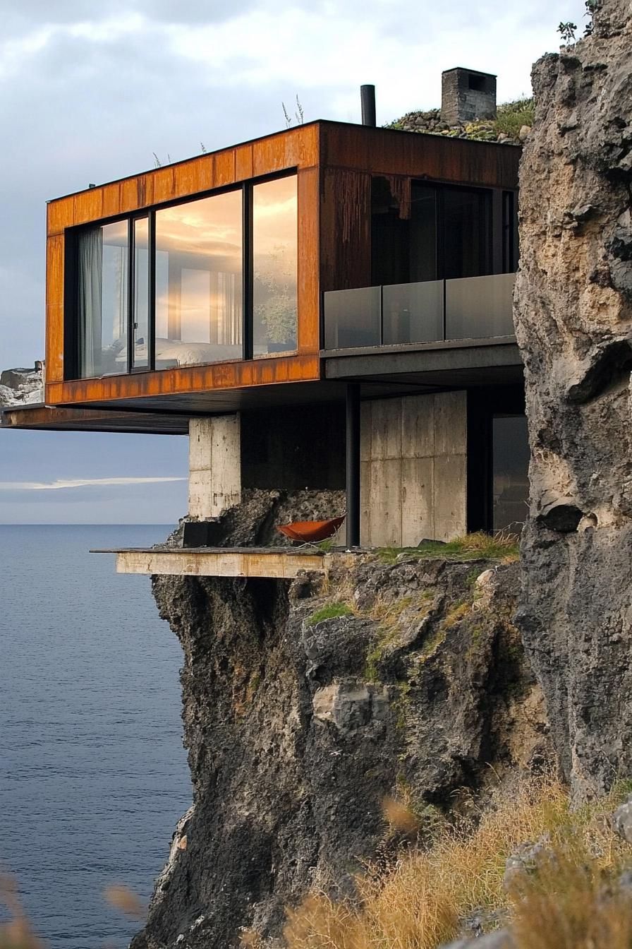 modern multi level shipping container house built into cliff rock overlooking a black volcanic island shore