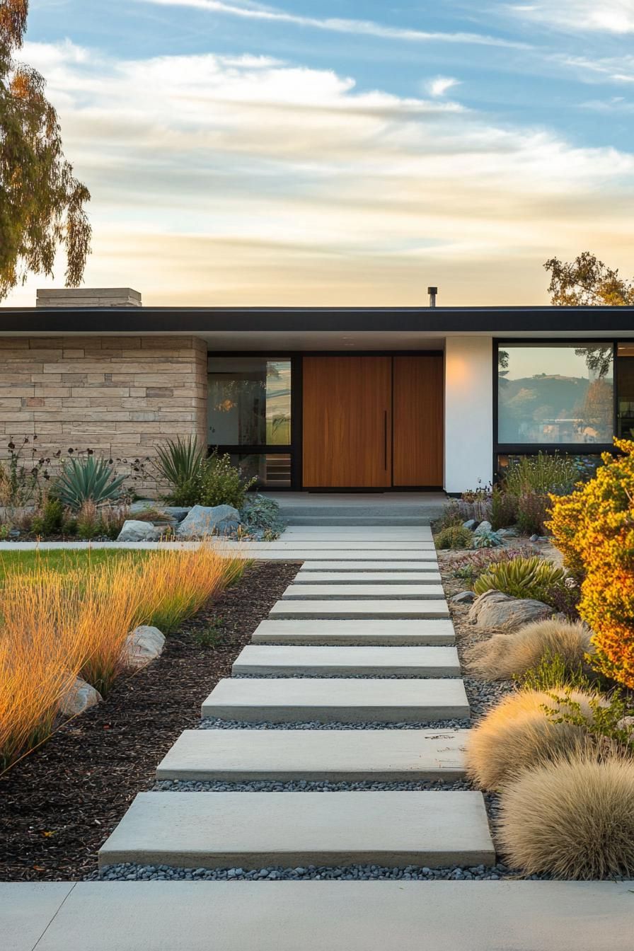 mid century modern house front yard minimalist symmetrical geometric landscaping 2