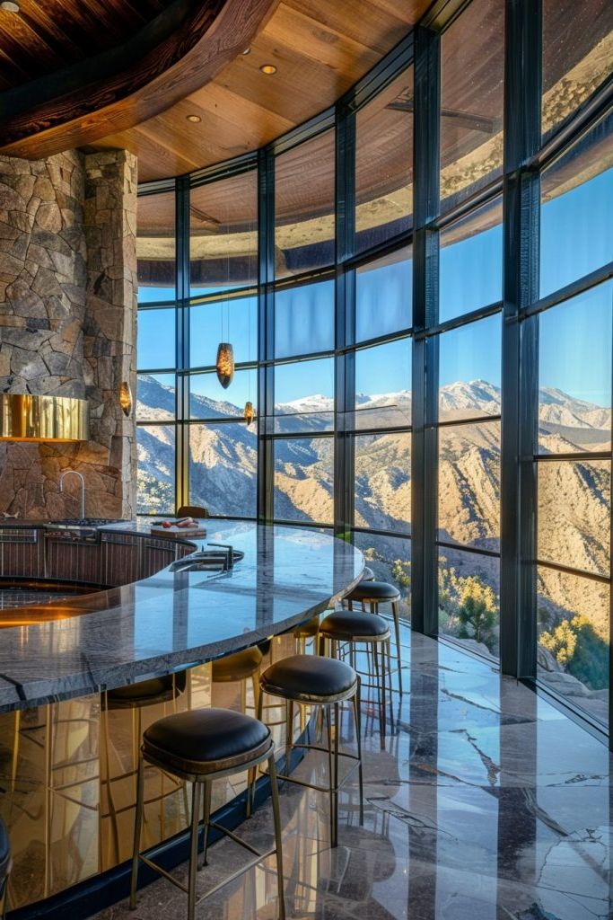 round kitchen bar with mountain views