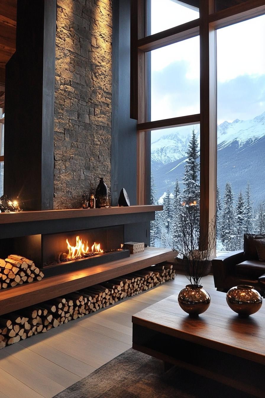 Modern mountain home interior. Dominating the area is a grand stone fireplace stretched vertically flanked by a stylish wood shelf with stacked logs 2