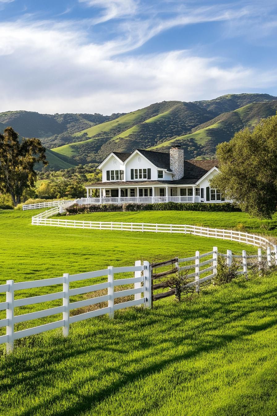 ranch mansion with green fields white ranch fences horses