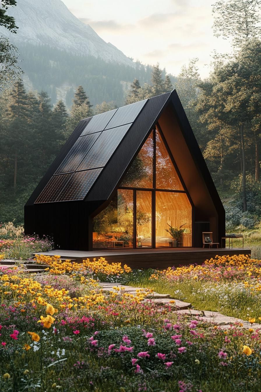 modern minimalist geometric cabin with solar panel roof in mountain forest the cabin is surrounded with flower bed garden 2