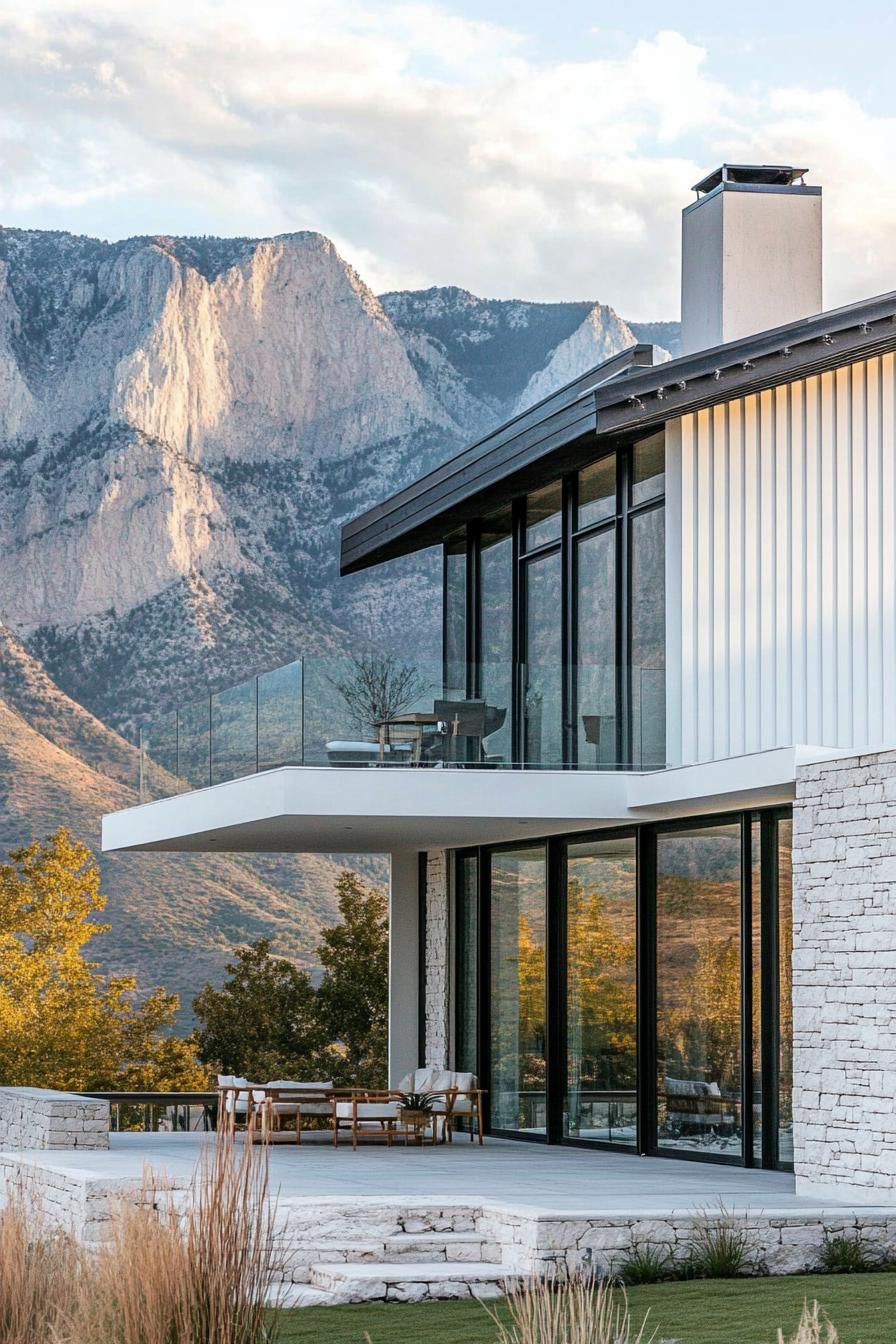 modern cottage style mountain house facade with whitewashed vertical slat siding white stone accent wall modern glass doors and windows glass