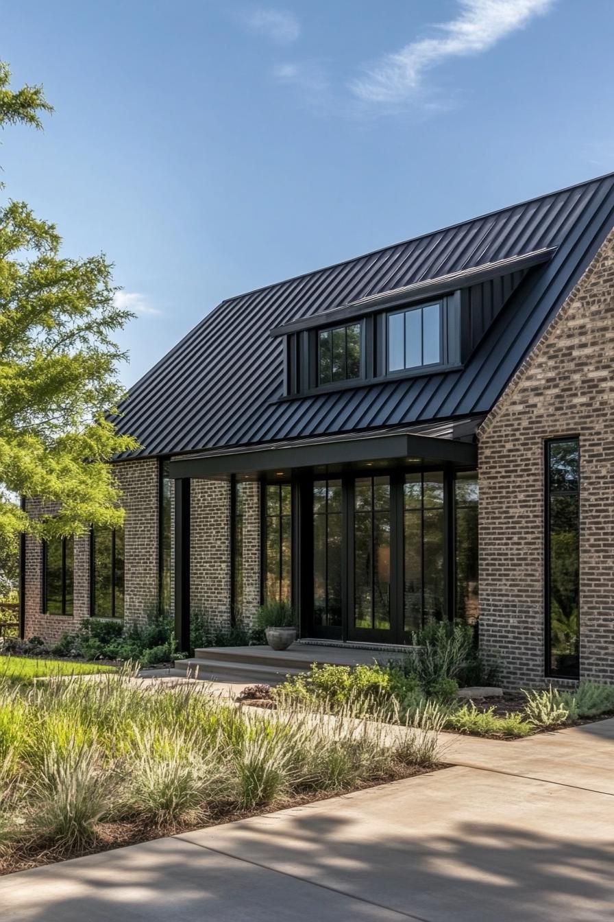 modern barndominium home black brick facade and black metal roof stunning green hill landscape 3