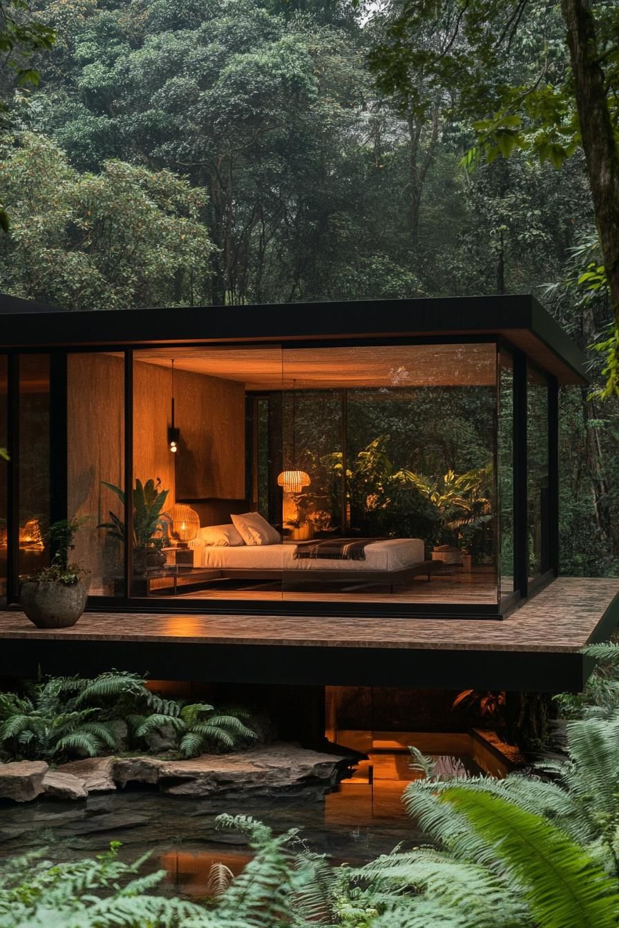 A modern glass house set amidst a lush forest featuring floor to ceiling windows that provide panoramic views of the surrounding greenery. The