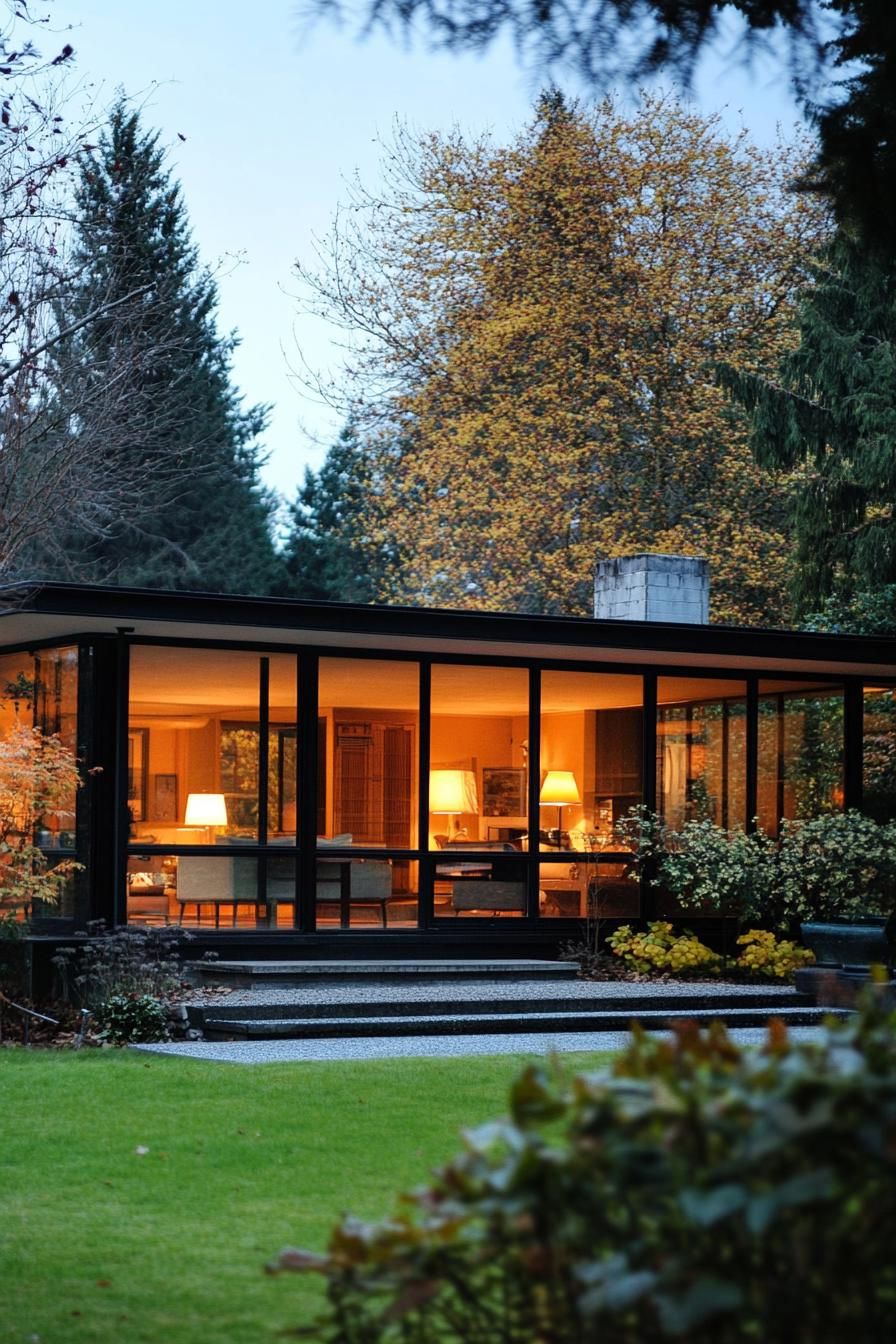 mid century modern 1950s style house with large glass windows 2