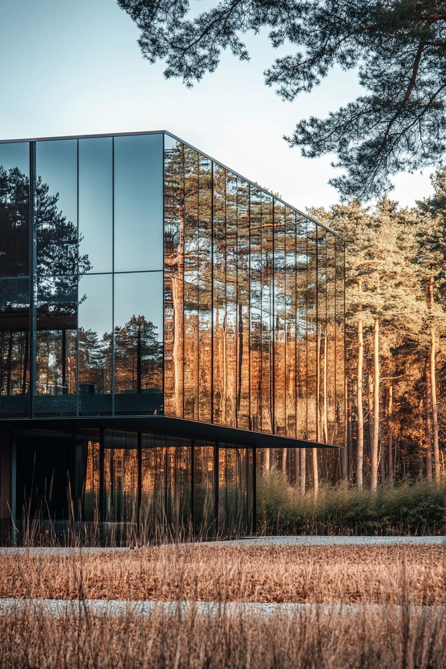 modern forest house glass cube facade with solar panels in a large plain field by a forest 3
