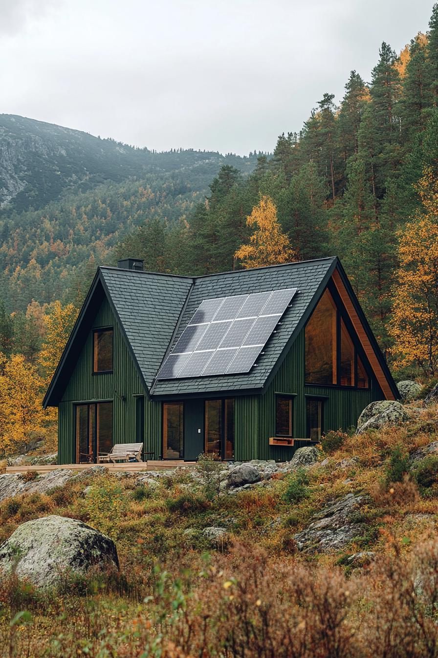 a frame mountain house in charteuse green siding grey slate roof with solar panels Scandinavian mountain landscape 3