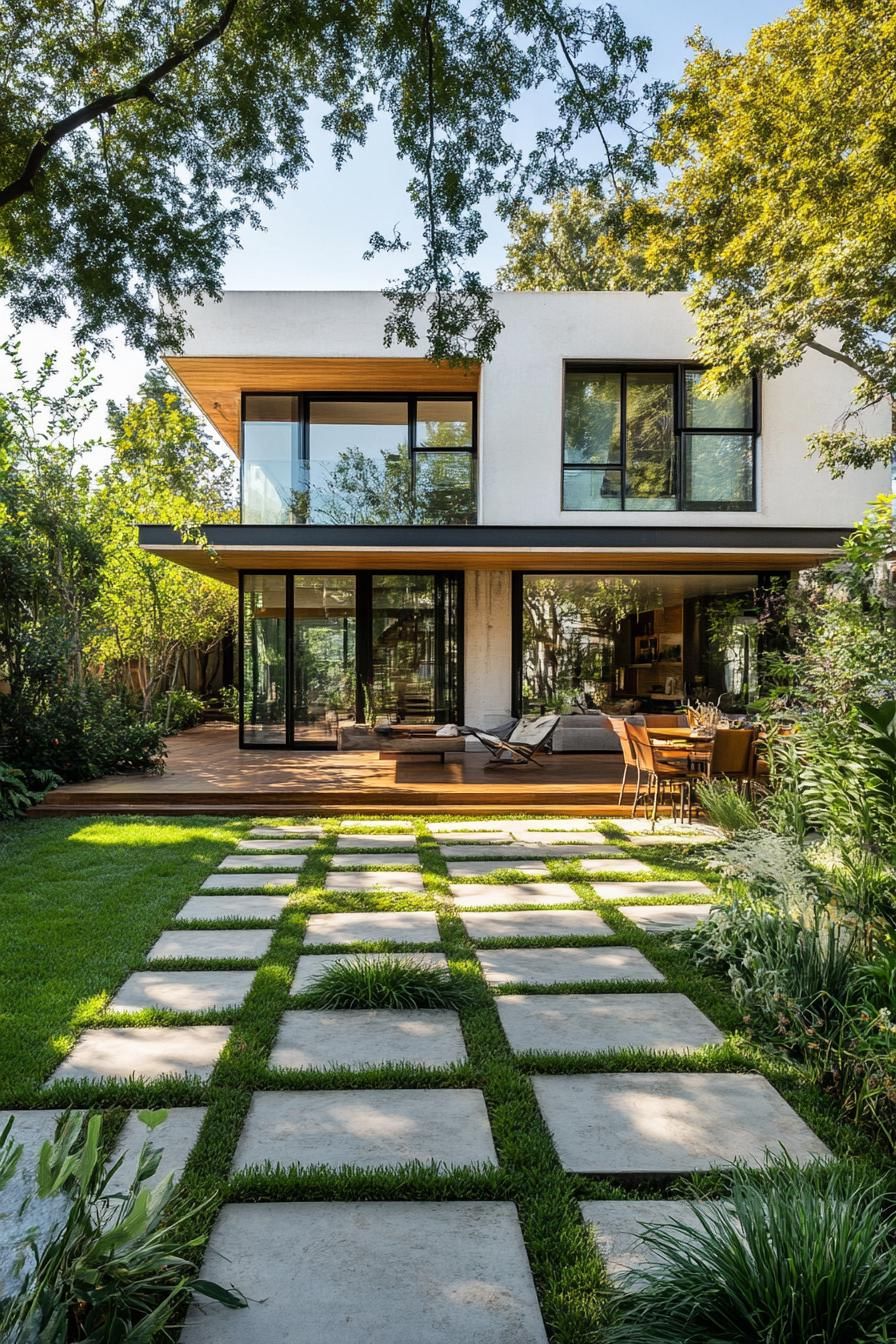 modern house yard with geometric paver path