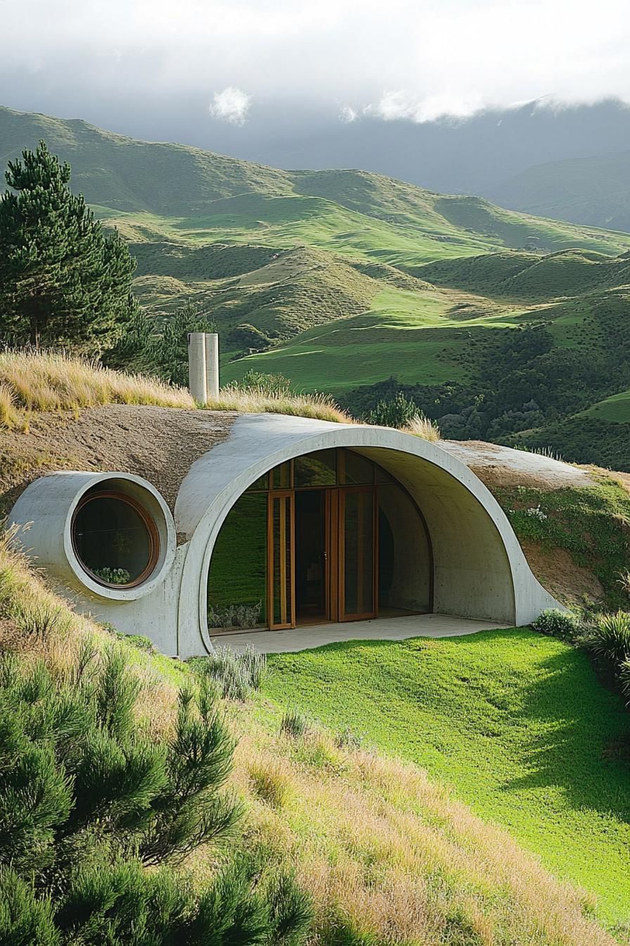 earth sheltered modern house with round doors and windows overlooking green New Zealand mountains