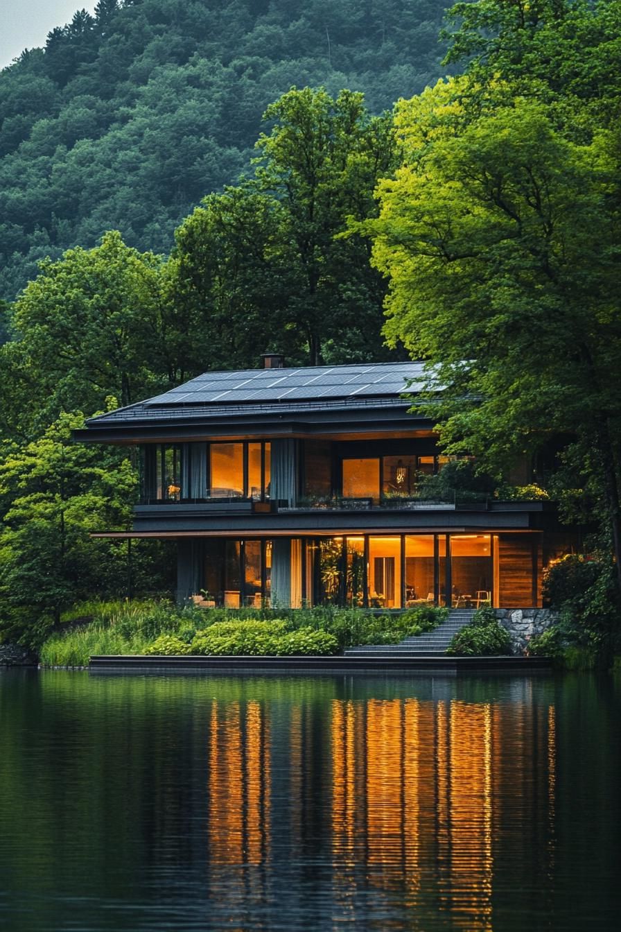 modern house with solar roof tiles on a hill by a lake with lush trees