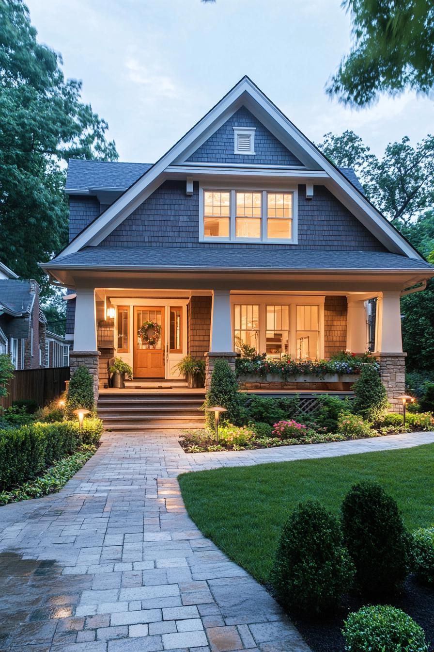 modern single story craftsman style house clapboard siding white trim porch with columns entry with steps nice landscape with stone paths and 1