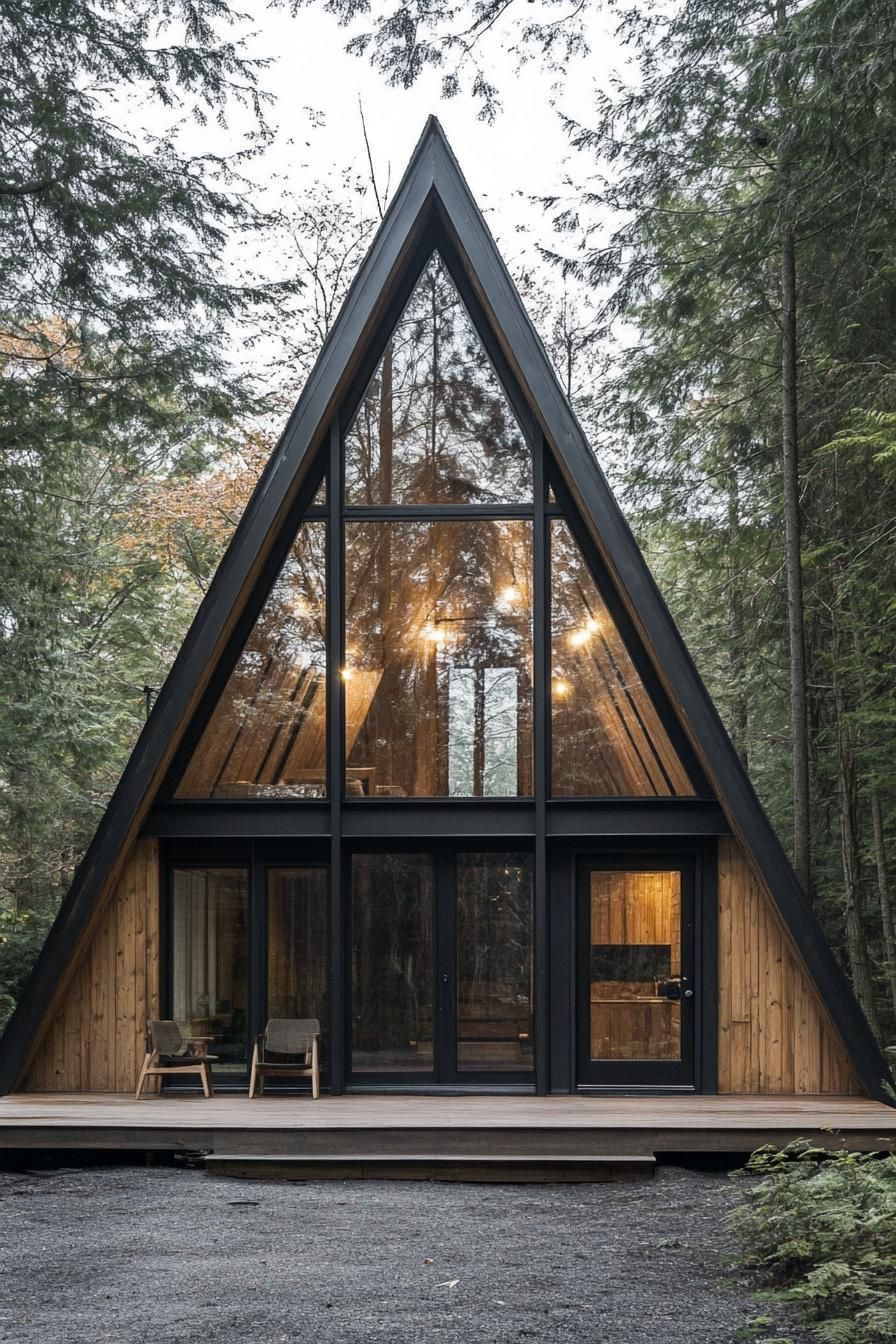 modern forest a frame cabin facade with rustic siding Scandinavian forest