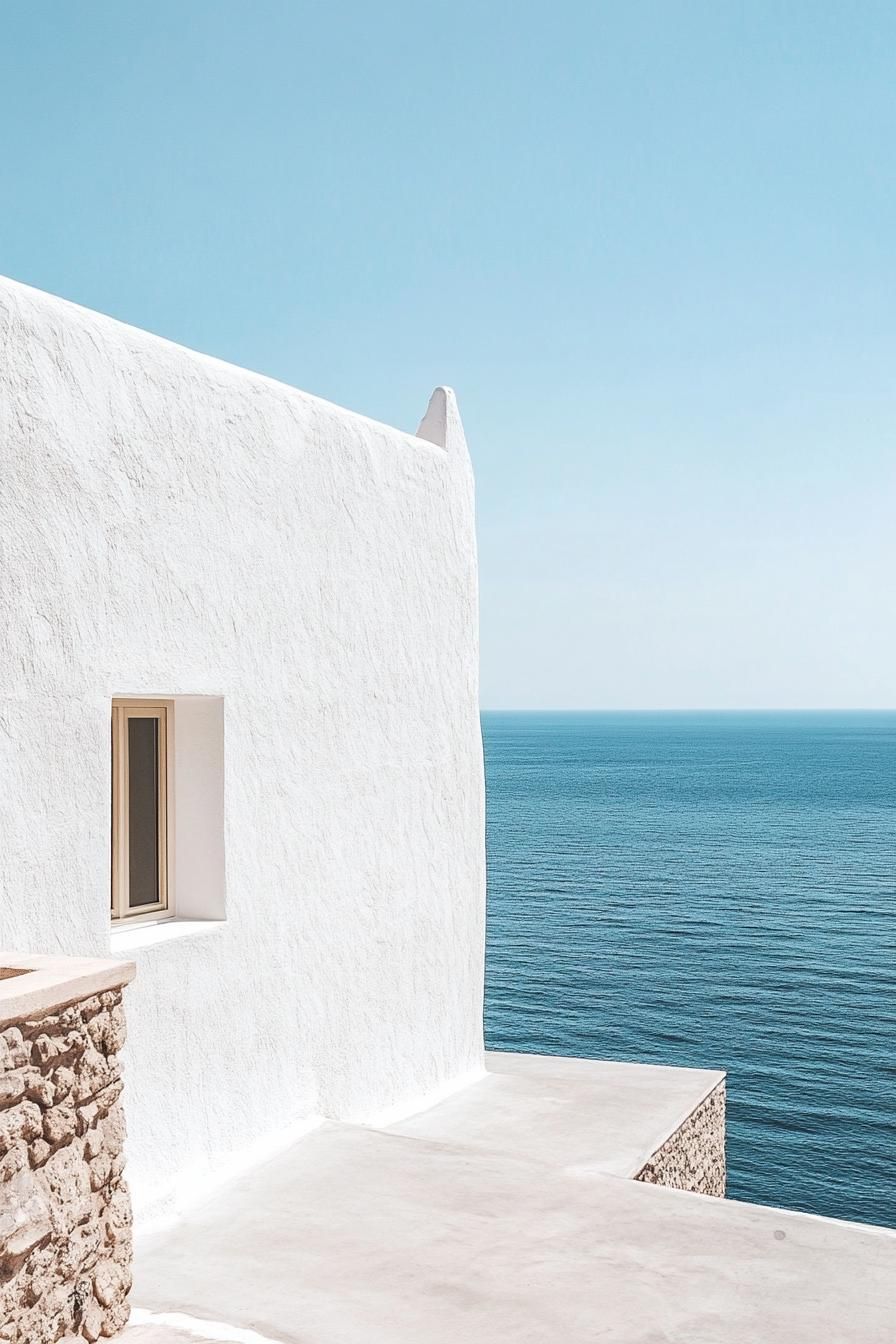 modern whitewashed minimalist geometric house facade mediterranean sea views