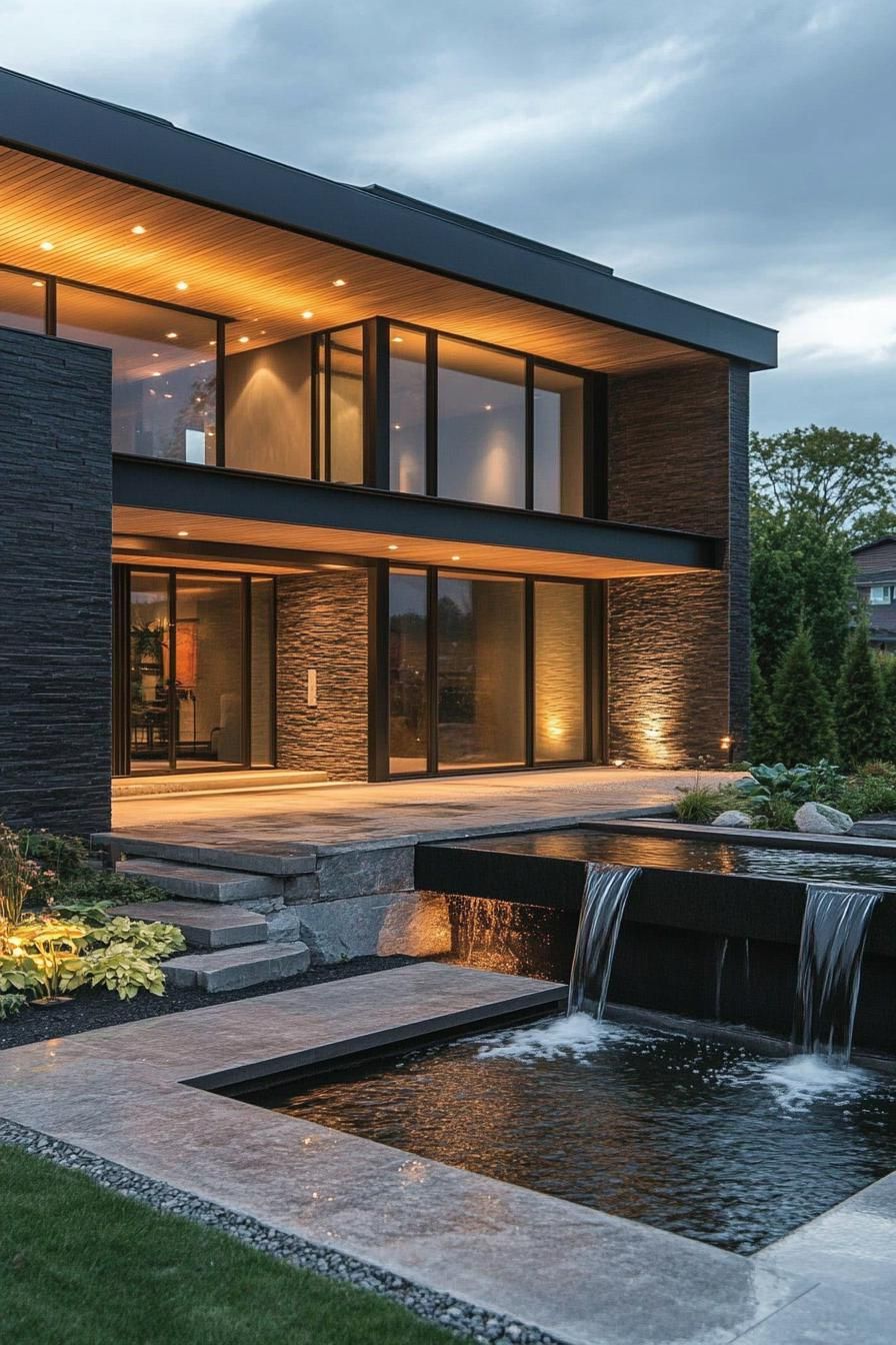 modern minimalist house facade with floating roof with LED lighting front yard zen garden with water stream and small waterfall 3