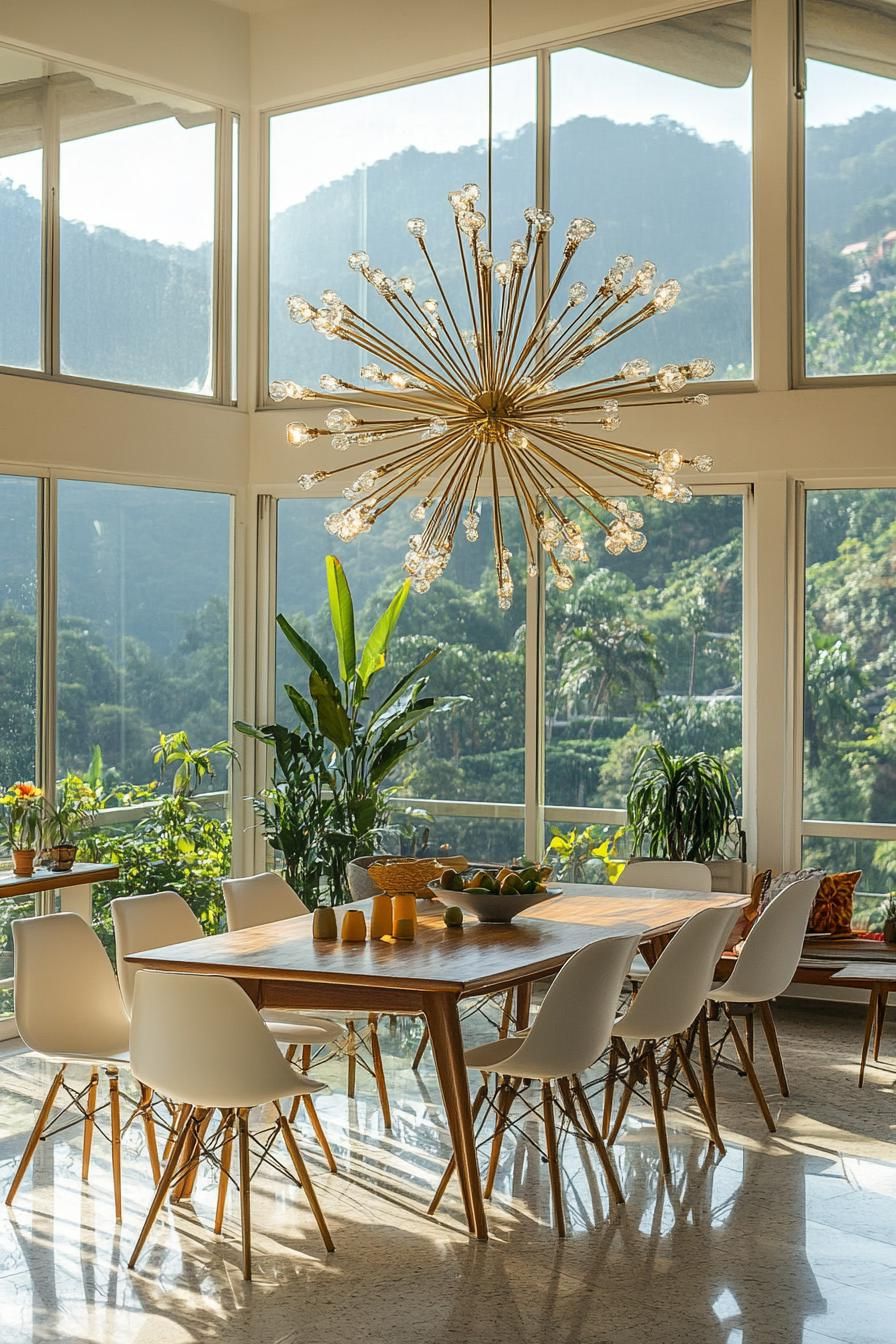 mid century modern house interior with sputnik chandelier large windows overlooking a tropical mountain
