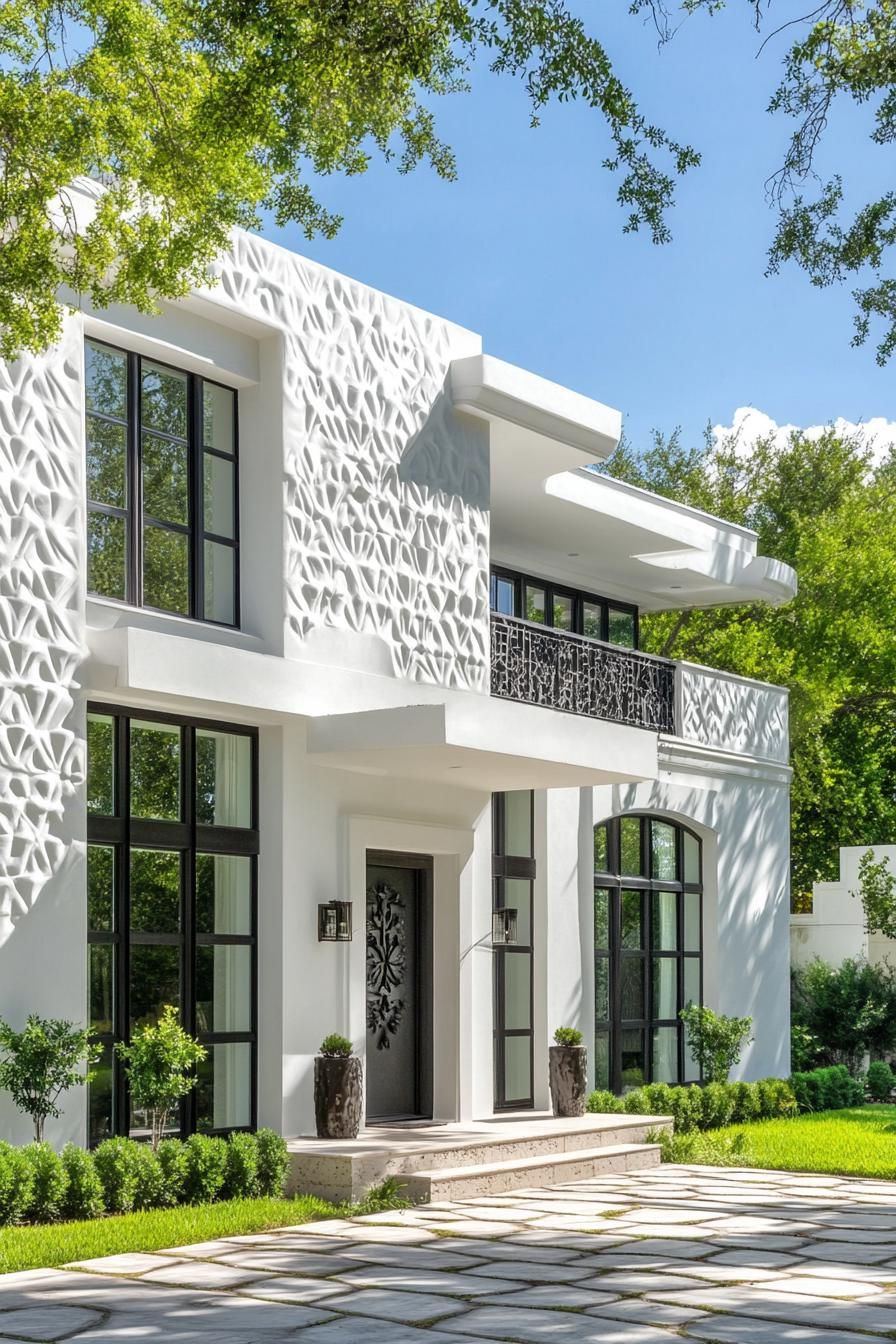 modern French house facade in white stucco geometric patterns 2