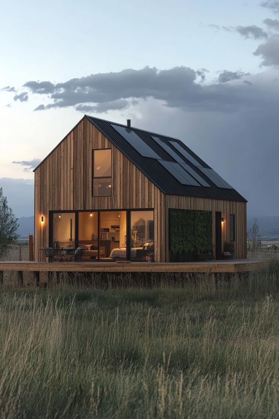 modern prefab small house barn style facade with all wood siding and roof green living wall solar panels on roof in an open field