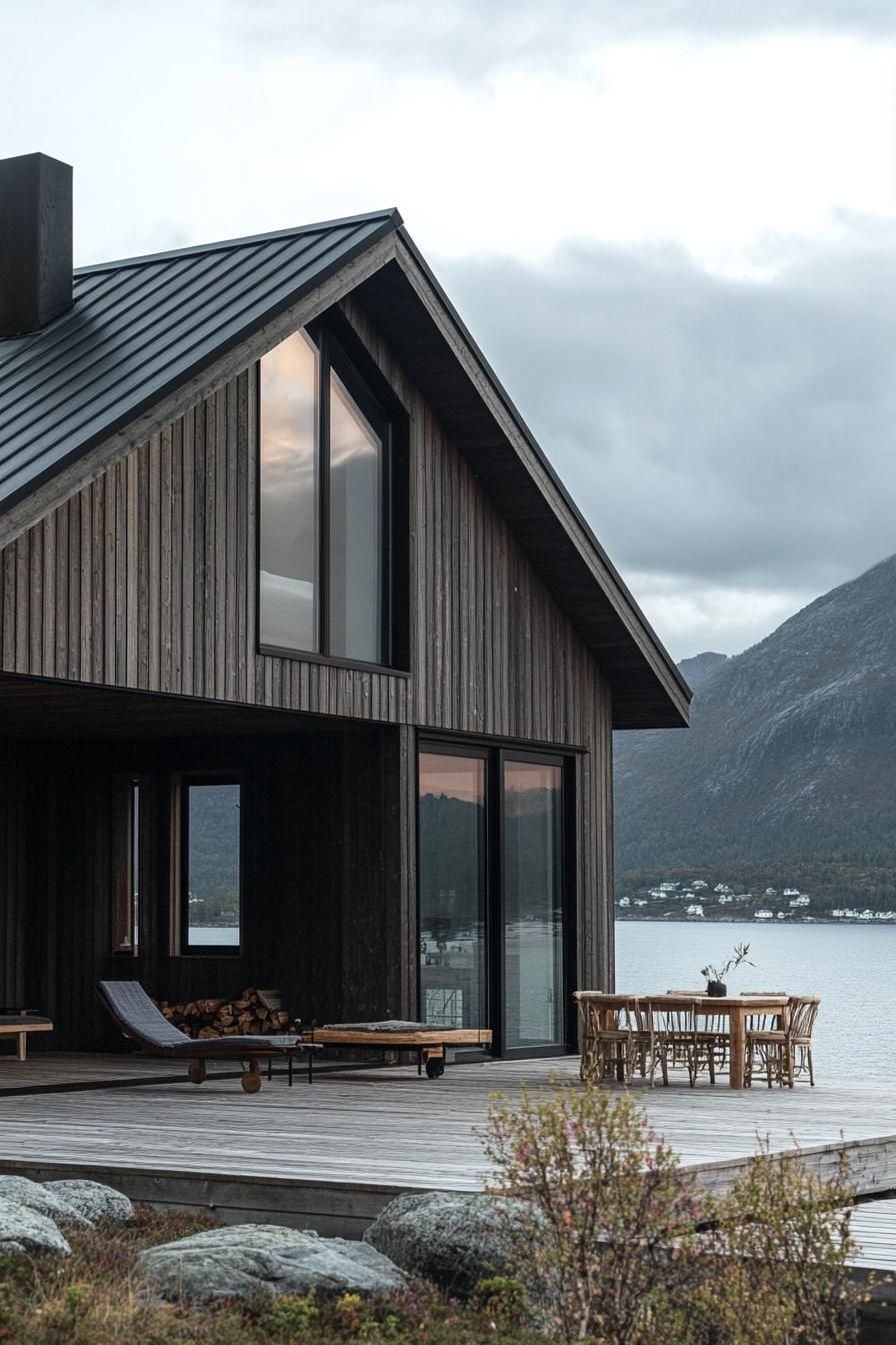 modern barndominium house burnt wood facade with dark grey metal trusses stunning Scandinavian island mountain views